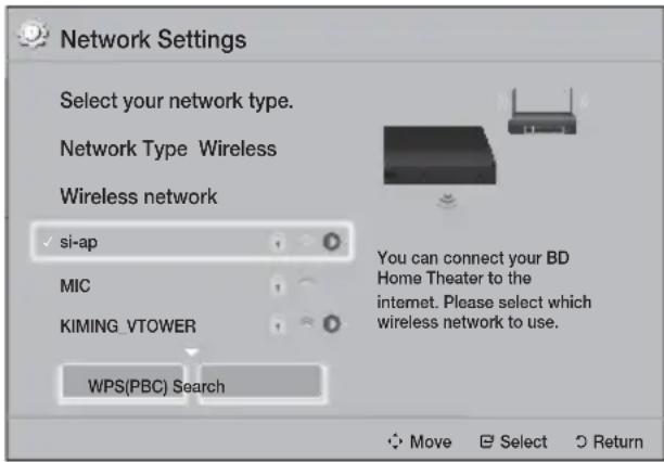 Network Settings Select your network type. Network Type Wireless Wireless network si-ap MIC KIMING VTOWER WPS(PBC) Search You can connect your BD Home Theater to the internet. Please select which wireless network to use. Move Select Return