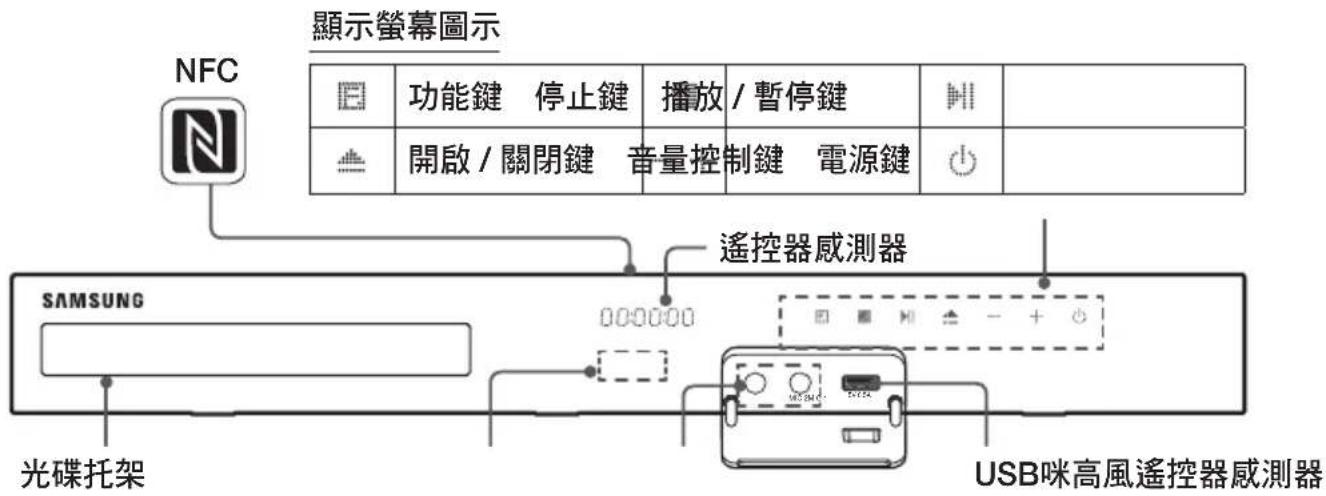 顯示螢幕圖示 NFC 功能鍵 停止鍵 播放 /暫停鍵 開啟 / 關閉鍵 音量控制鍵 電源鍵 000000 光碟托架 遙控器感測器 SAMSUNG USB咪高風遙控器感測器