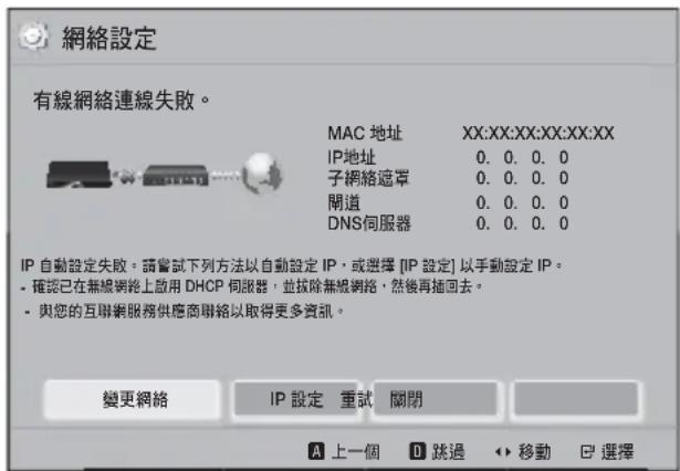 網絡設定 有線網絡連線失敗。 MAC 地址 XX:XX:XX:XX:XX IP地址 0. 0. 0. 0 子網絡遮罩 0. 0. 0. 0 閘道 0. 0. 0. 0 DNS伺服器 0. 0. 0. 0 IP 自動設定失敗。請嘗試下列方法以自動設定 IP，或選擇 [IP 設定] 以手動設定 IP。 - 確認已在無線網路上啟用 DHCP 候服器，並按除無線網路，然後再插回去。 - 與您的互聯網服務供應商聯絡以取得更多資訊。 變更網絡 IP 設定 重試 關閉 A 上一個 B 跳過 ↔ 移動 B 選擇