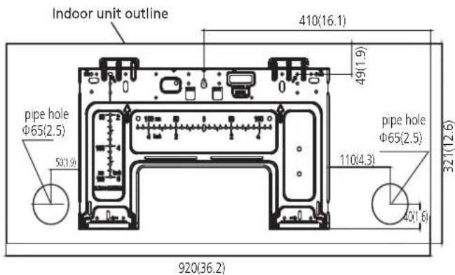 Indoor unit outline 410(16.1) 49(1.9) pipe hole Φ65(2.5) 50(1.9) pipe hole Φ65(2.5) 110(4.3) 321(12.6) 40(1.8) 920(36.2)