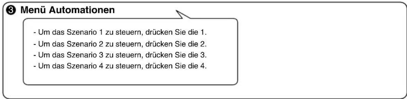 ③ Menü Automationen - Um das Szenario 1 zu steuern, drücken Sie die 1. - Um das Szenario 2 zu steuern, drücken Sie die 2. - Um das Szenario 3 zu steuern, drücken Sie die 3. - Um das Szenario 4 zu steuern, drücken Sie die 4.