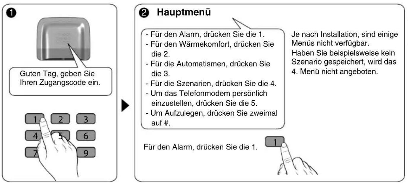 Guten Tag, geben Sie Ihren Zugangscode ein. 1 2 3 4 5 6 7 9 Hauptmenü - Für den Alarm, drücken Sie die 1. - Für den Wärmekomfort, drücken Sie die 2. - Für die Automatismen, drücken Sie die 3. - Für die Szenarien, drücken Sie die 4. - Um das Telefonmodem persönlich einzustellen, drücken Sie die 5. - Um Aufzulegen, drücken Sie zweimal auf #. Je nach Installation, sind einige Menüs nicht verfügbar. Haben Sie beispielsweise kein Szenario gespeichert, wird das 4. Menü nicht angeboten. Für den Alarm, drücken Sie die 1. 1