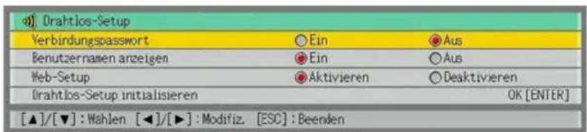 Drahtlos-Setup Verbindungspasswort Ein Aus Benutzernamen arzeigen Ein Aus Web-Setup Aktivieren Deaktivieren Drahtlos-Setup initialisieren OK [ENTER] [▲]/[▼] : Wahlen [◀]/[▶] : Modifiz. [ESC] : Beenden