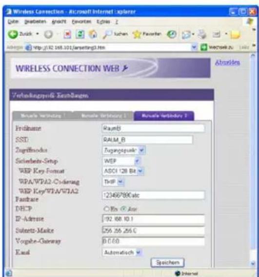 Wireless Connection - Microsoft Internet Explorer Data: geodesen, grafft, favorer, bytes 1 Zurich Schen Favorite Adequise http://82.168.101/saneting3.htm WIRELESS CONNECTION WEB Verbindungyen& EschBungen Remote Verbindung 1 Remote Verbindung 2 Remote Verbindung 3 Erlöhmre Raumb SST RALM_B Zuglinmode Zugangpauke Sicherbeiz-Stop WEP WEP Key-Format ASCI 128 B4 WPA/WPA2-Cdernag THF WEP Key/WPA/WPA2 Fastshare 12346789Calc DHCP ○Es ○Asr IP-Adresse 92.68.10.1 Sulnetz-Maize 256.26.255 C Vorgale-Gateway 0.0.00 Excel Automatisch Speichem Internet