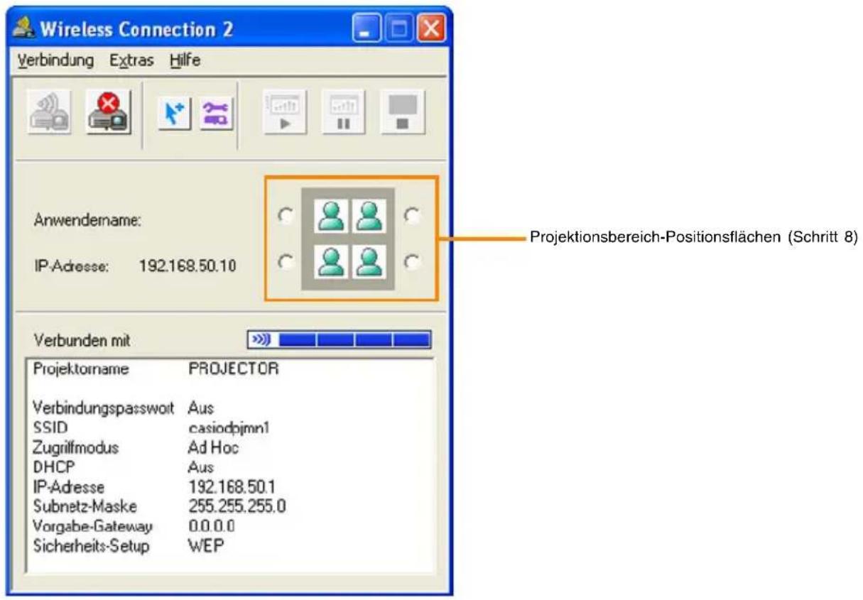 Wireless Connection 2 Verbindung Extras Hilfe Anwendename: IP-Adresse: 192.168.50.10 Projektorsbereich-Positionsflächen (Schritt 8) Verbunden mit Projektorname PROJECTOR Verbindungspasswoit Aus SSID casiodpjmnl Zugriffmodus Ad Hoc DHCP Aus IP-Adresse 192.168.50.1 Subnetz-Maske 255.255.255.0 Vorgabe-Gateway 0.0.0.0 Sicherheits-Setup WEP
