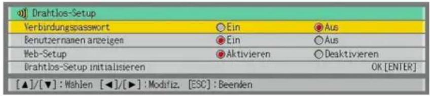 Drahtlos-Setup Verbindungspasswort Ein Aus Benutzernamen anzeigen Ein Aus Web-Setup Aktivieren Deaktivieren Drahtlos-Setup initialisieren OK [ENTER] [▲]/[▼]: Wahlen [◀]/[▶]: Modifiz. [ESC]: Beenden