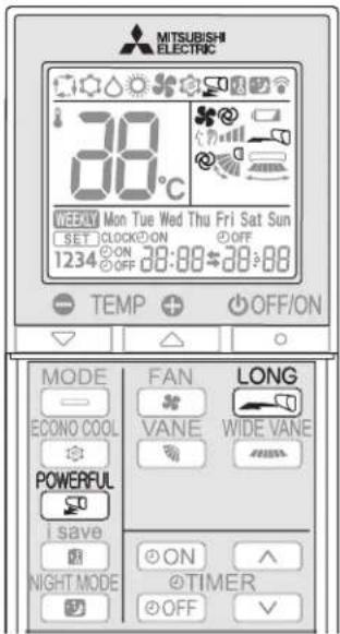 MITSUBISHI ELECTRIC 88°C WEEKLY Mon Tue Wed Thu Fri Sat Sun SET CLOCK ON 1234 ON 28:00-28:00 OFF TEMP OFF/ON MODE FAN LONG ECONO COOL VANE WIDE VANE POWERFUL I save ON NIGHT MODE ON TIMER OFF