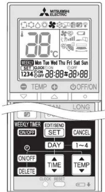 MITSUBISHI ELECTRIC 38°C WEEKLY Mon Tue Wed Thu Fri Sat Sun SET CLOCK ON OFF 1234 ON 28:00 $28:00 TEMP OFF/ON WEEKLY TIMER EDIT/SEND CANCEL ON/OFF SET DAY 1~4 ON/OFF TIME TEMP DELETE CLOCK RESET