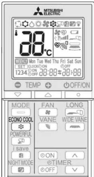 MITSUBISHI ELECTRIC 38°C WEEKLY Mon Tue Wed Thu Fri Sat Sun SET CLOCK ON OFF 1234 ON 28:00 28:00 TEMP OFF/ON MODE FAN LONG ECONO COOL VANE WIDE VANE POWERFUL save ON NIGHT MODE ON TIMER OFF
