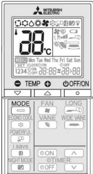 MITSUBISHI ELECTRIC 38°C WEEKLY Mon Tue Wed Thu Fri Sat Sun SET CLOCK ON OFF 1234 ON 28:00 28:00 TEMP OFF/ON MODE FAN LONG ECONO COOL VANE WIDE VANE POWERFUL i save ON NIGHT MODE ON ON TIMER OFF