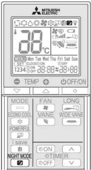 MITSUBISHI ELECTRIC 38°C WEEKLY Mon Tues Wed Thu Fri Sat Sun SET CLOCK ON OFF 1234 ON 28:00-28:00 TEMP OFF/ON MODE FAN LONG ECONO COOL VANE WIDE VANE POWERFUL i save NIGHT MODE ON TIMER OFF