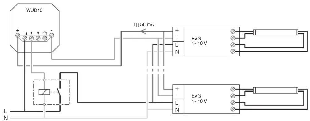 WUD10 I □ 50 mA + - L N EVG 1- 10 V + - L N EVG 1- 10 V