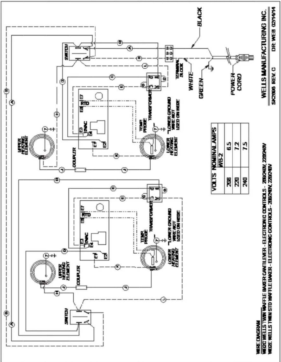 A B H J UPPER HEATING ELEMENT COUPLER E1 E2 E3 E4 E5 E6 E7 L J TEMP PROBE TRANSFORMER LOWER HEATING ELEMENT LOWER GROUND WIRE NOT USED ON WIDE D J UPPER HEATING ELEMENT COUPLER E1 E2 E3 E4 E5 E6 E7 D J UPPER HEATING ELEMENT TEMP PROBE TRANSFORMER LOWER HEATING ELEMENT LOWER GROUND WIRE NOT USED ON WIDE WELLS MANUFACTURING INC. SWITCH A B D K L A B TENOMINAL BLOCK WHITE GREEN POWER CORD POWER CORD 208 6.5 220 7.2 240 7.5 2082C WELLS TWIN WAFFLE BAKER CANTILEVER - ELECTRONIC CONTROLS - 208240V, 220240V WB2E WELLS TWIN STD WAFFLE BAKER - ELECTRONIC CONTROLS - 208240V, 220240V