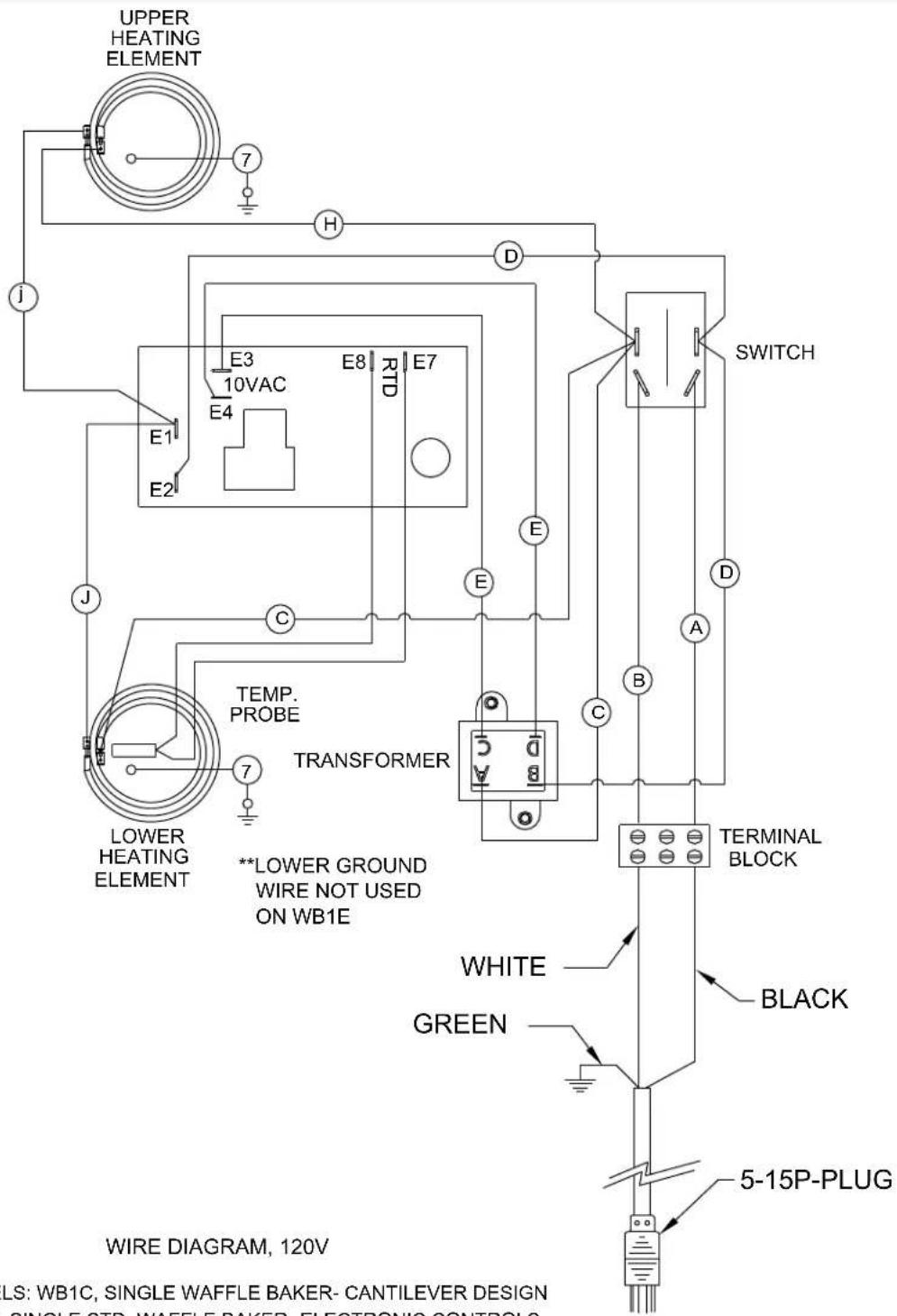 UPPER HEATING ELEMENT 7 H E3 10VAC E8 RTD E7 E4 E1 E2 J J TEMP. PROBE 7 LOWER HEATING ELEMENT **LOWER GROUND WIRE NOT USED ON WB1E TRANSFORMER C D SWITCH A B C TERMINAL BLOCK WHITE GREEN BLACK 5-15P-PLUG WIRE DIAGRAM, 120V LS: WB1C, SINGLE WAFFLE BAKER- CANTILEVER DESIGN SINGLE STD. WAFFLE BAKER, ELECTRONIC CONTROLS