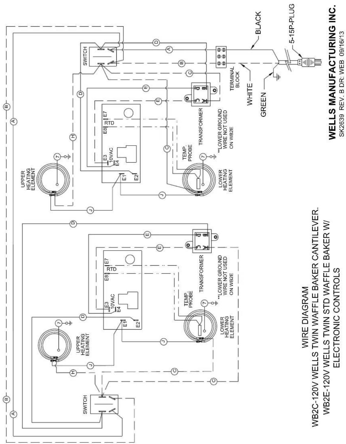 WIRE DIAGRAM WB2C-120V WELLS TWIN WAFFLE BAKER CANTILEVER. WB2E-120V WELLS TWIN STD WAFFLE BAKER W/ ELECTRONIC CONTROLS WELLS MANUFACTURING INC. SK2639 REV. B DR: WEB 09/16/13