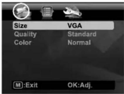Size VGA Quality Standard Color Normal M:Exit OK:Adj.