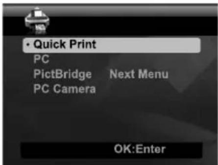 • Quick Print PC PictBridge Next Menu PC Camera OK:Enter