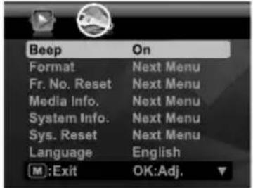 Beep Format Fr. No. Reset Media Info. System Info. Sys. Reset Language On Next Menu Next Menu Next Menu Next Menu English M:Exit OK:Adj.