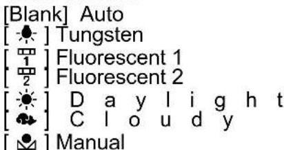 [Blank] Auto [★] Tungsten [■] Fluorescent 1 [■] Fluorescent 2 [★] D a y l i g h t [★] C l o u d y [●] Manual