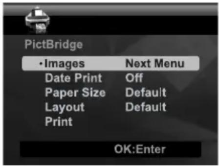 PictBridge • Images Next Menu Date Print Off Paper Size Default Layout Default Print OK:Enter