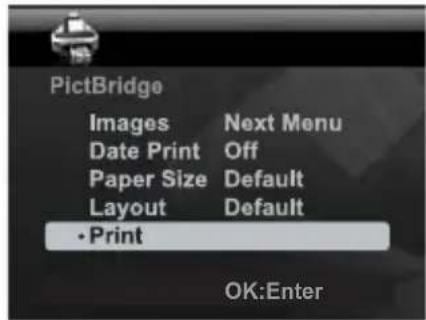 PictBridge Images Next Menu Date Print Off Paper Size Default Layout Default • Print OK:Enter