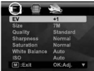 EV Size Quality Sharpness Saturation White Balance ISO +1 7M Standard Normal Normal Auto Auto M :Exit OK:Adj.