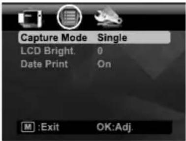 Capture Mode Single LCD Bright. 0 Date Print On M :Exit OK:Adj.