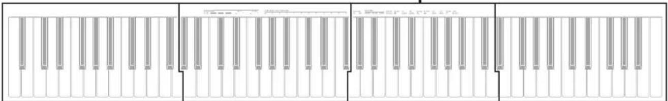 Diagram showing piano keyboard layout with labeled sections and measurement annotations