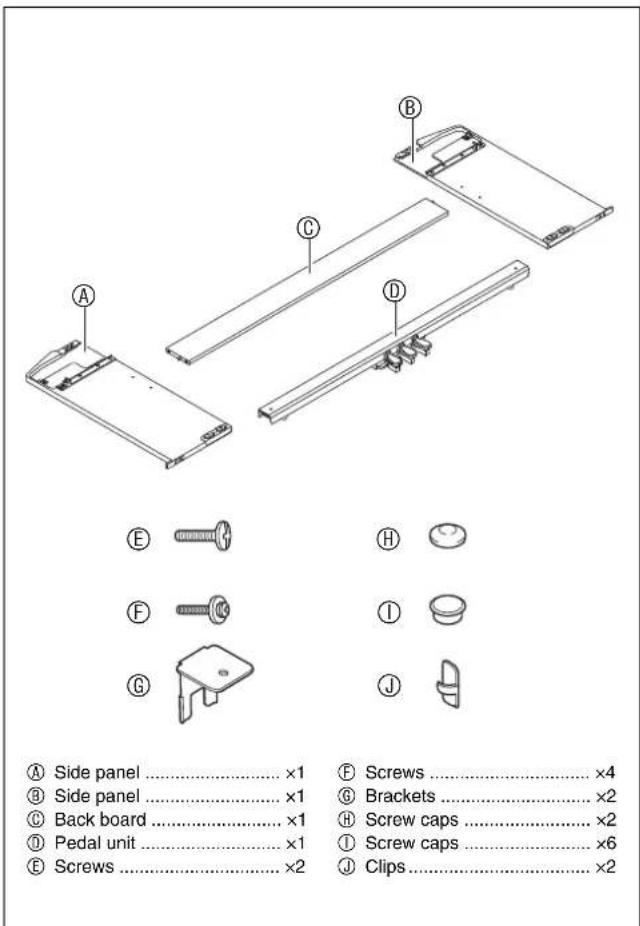 A Side panel ....... x1 B Side panel ....... x1 C Back board ....... x1 D Pedal unit ....... x1 E Screws ....... x2 F Screws ....... x4 G Brackets ....... x2 H Screw caps ....... x2 I Screw caps ....... x6 J Clips ....... x2