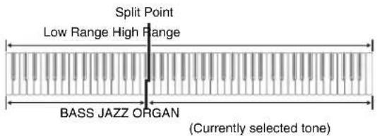 Split Point Low Range High Range BASS JAZZ ORGAN (Currently selected tone)