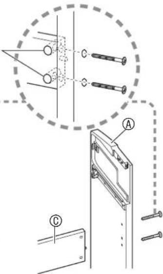 Technical diagram showing assembly of a mechanical component with labeled parts A and C, including screws and a dashed circular annotation.
