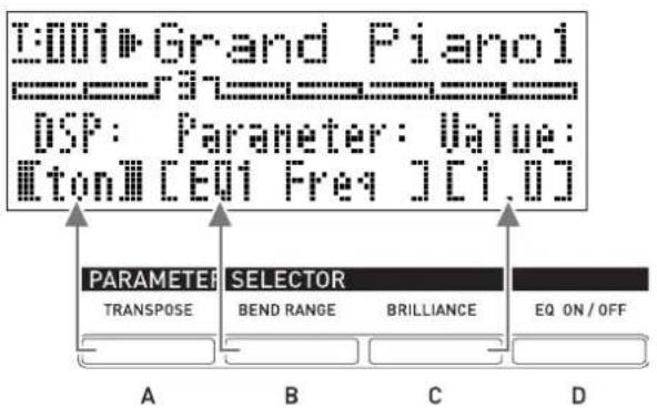 Grand Piano DSP: Parameter: Value: Eton III [EQ1 Freq ] [I D] PARAMETER SELECTOR TRANSPOSE BEND RANGE BRILLIANCE EQ ON/OFF A B C D