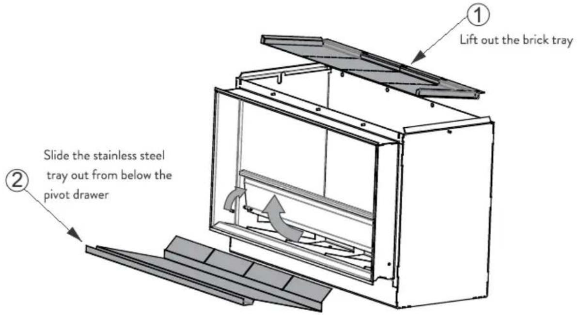 ① Lift out the brick tray ② Slide the stainless steel tray out from below the pivot drawer