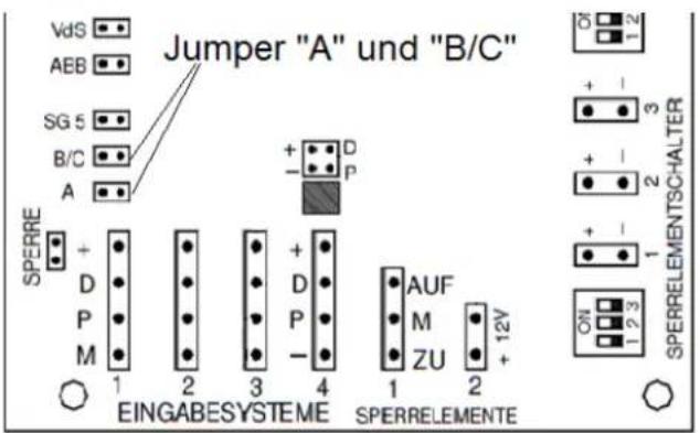 Jumper "A" und "B/C" Vds AEB SG 5 B/C A SPERRE + D P M 1 2 3 4 EINGABESYSTEME + D P - AUF M ZU 1 2 + 12V SPERRELEMENTE SPERRELEMENTSCHALTER ON 1 2 3 1 2 3