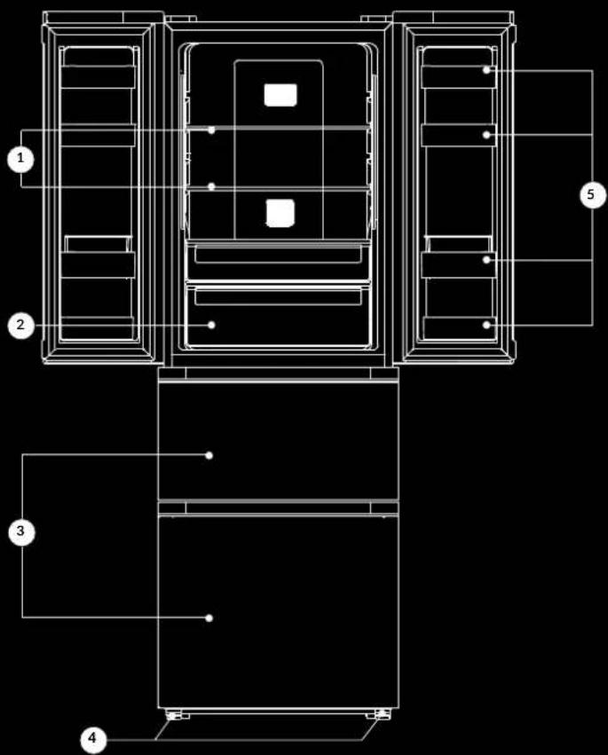 Technical diagram of a multi-level refrigerator with numbered components and layout lines