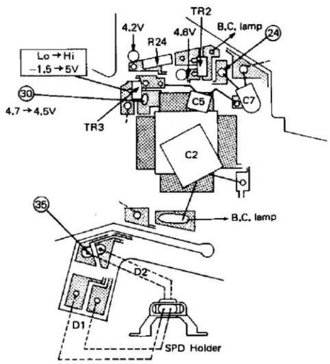 Lo → Hi -1.5 → 5V 4.7 → 4.5V 30 TR3 4.2V R24 4.6V TR2 B.C. lamp C5 C7 C2 B.C. lamp 35 D1 D2 SPD Holder