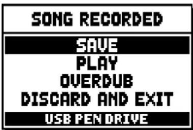 SONG RECORDED SAVE PLAY OVERDUB DISCARD AND EXIT USB PEN DRIVE