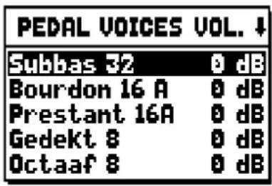 PEDAL VOICES VOL. ↓ Subbas 3/2 0 dB Bourdon 16 A 0 dB Prestant 16A 0 dB Gedekt 8 0 dB Octaaf 8 0 dB