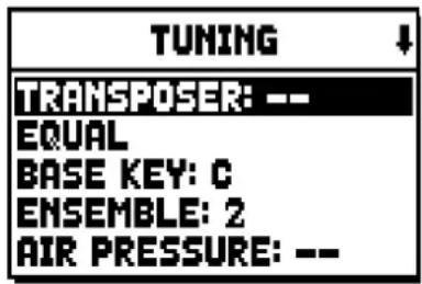 TUNING TRANSPOSER: -- EQUAL BASE KEY: C ENSEMBLE: 2 AIR PRESSURE: --
