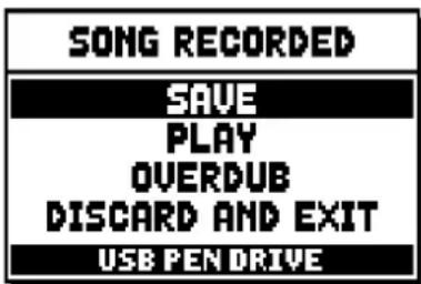 SONG RECORDED SAVE PLAY OVERDUB DISCARD AND EXIT USB PEN DRIVE