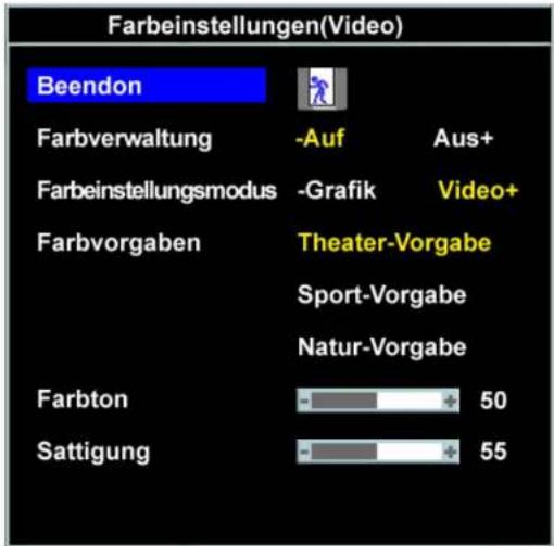 Farbeinstellungen(Video) Beendon Farbverwaltung -Auf Aus+ Farbeinstellungsmodus -Grafik Video+ Farbvorgaben Theater-Vorgabe Sport-Vorgabe Natur-Vorgabe Farbton 50 Sattigung 55