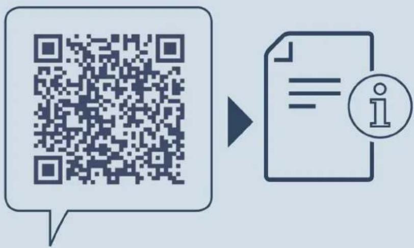 Image showing a QR code and a document icon with an information symbol, likely for digital information processing.