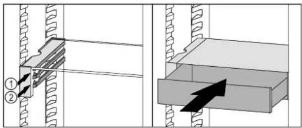 Technical diagram showing two mechanical assembly steps with labeled components and directional arrows indicating movement or force.