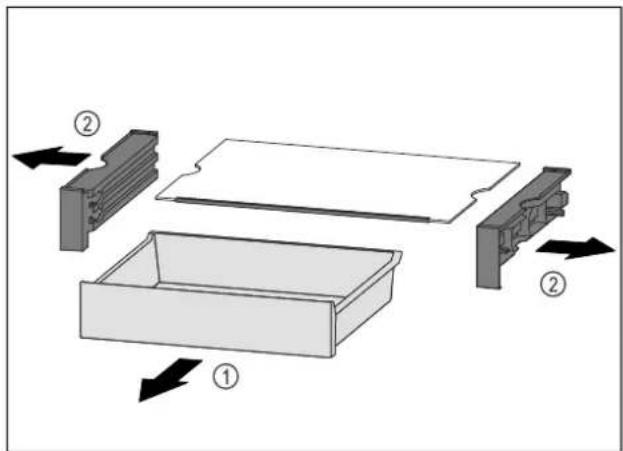 Diagram showing a 3D assembly process with labeled components and directional arrows indicating movement or assembly.