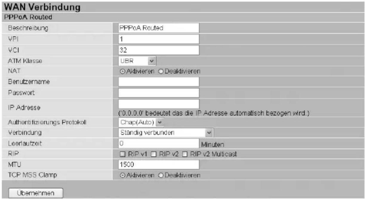 WAN Verbindung PPPoA Routed Beschreibung PPPoA Routed VPI 1 VCI 32 ATM Klasse UBR NAT ○ Aktivieren ○ Deaktivieren Benutzername Passwort IP Adresse ('0.0.0.0' bedeutet das die IP Adresse automatisch bezogen wird.) Authentifizierungs Protokoll Chap(Auto) Verbindung Ständig verbunden Leerlaufzeit 0 Minuten RIP □ RIP v1 □ RIP v2 □ RIP v2 Multicast MTU 1500 TCP MSS Clamp ○ Aktivieren ○ Deaktivieren Übemehmen