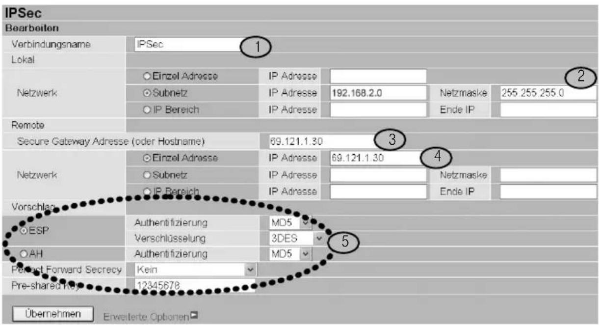 IPSec Bearbeiten Verbindungsname IPSec 1 Lokal Netzwerk Einzel Adresse IP Adresse Subnetz IP Adresse 192.168.2.0 Netzmaske 255.255.255.0 IP Bereich IP Adresse Ende IP Remote Secure Gateway Adresse (oder Hostname) 69.121.1.30 3 Netzwerk Einzel Adresse IP Adresse 69.121.1.30 4 Subnetz IP Adresse Netzmaske IP Bereich IP Adresse Ende IP Vorschlag ESP Authentifizierung MD5 5 Verschlüsselung 3DES AH Authentifizierung MD5 Perfect Forward Secrecy Kein Pre-shared Key 12345678 Übernehmen Erweitere Optionen
