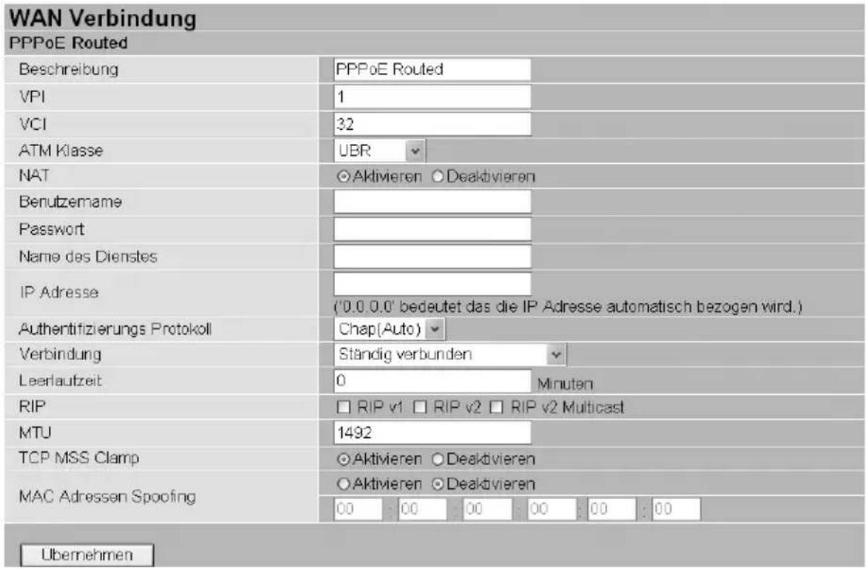 WAN Verbindung PPPoE Routed Beschreibung PPPoE Routed VPI 1 VCI 32 ATM Klasse UBR NAT ○Aktivieren ○Deaktivieren Benutzemame Password Name des Dienstes IP Adresse ('0.0 0.0' bedeutet das die IP Adresse automatisch bezogen wird.) Authentifizierungs Protokoll Chap(Auto) Verbindung Ständig verbunden Leerlaufzeit 0 Minuten RIP □ RIP v1 □ RIP v2 □ RIP v2 Multicast MTU 1492 TCP MSS Clamp ○Aktivieren ○Deaktivieren MAC Adressen Spoofing ○Aktivieren ○Deaktivieren 00 00 00 00 00 00 Übernehmen