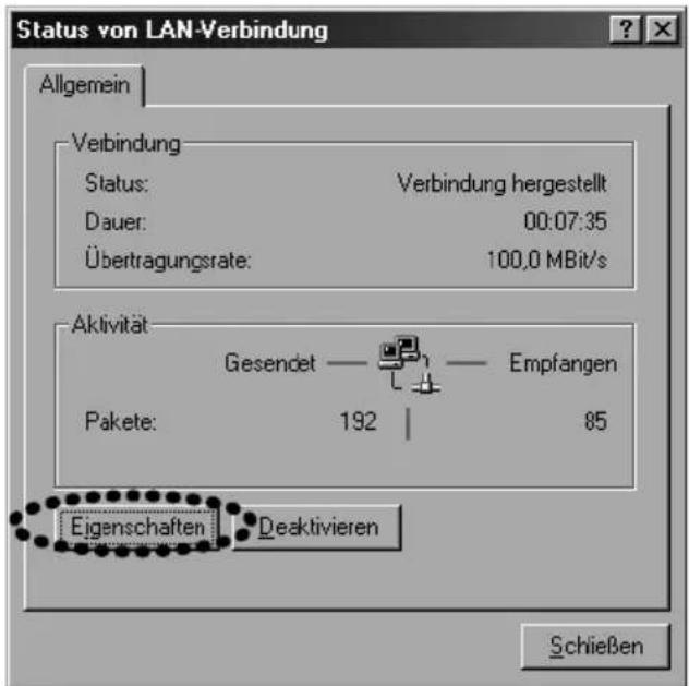 Status von LAN-Verbindung Allgemein Verbindung Status: Verbindung hergestellt Dauer: 00:07:35 Übertragungsrate: 100,0 MBit/s Aktivität Gesendet — Empfangen Pakete: 192 | 85 Eigenschaften Deaktivieren Schließen