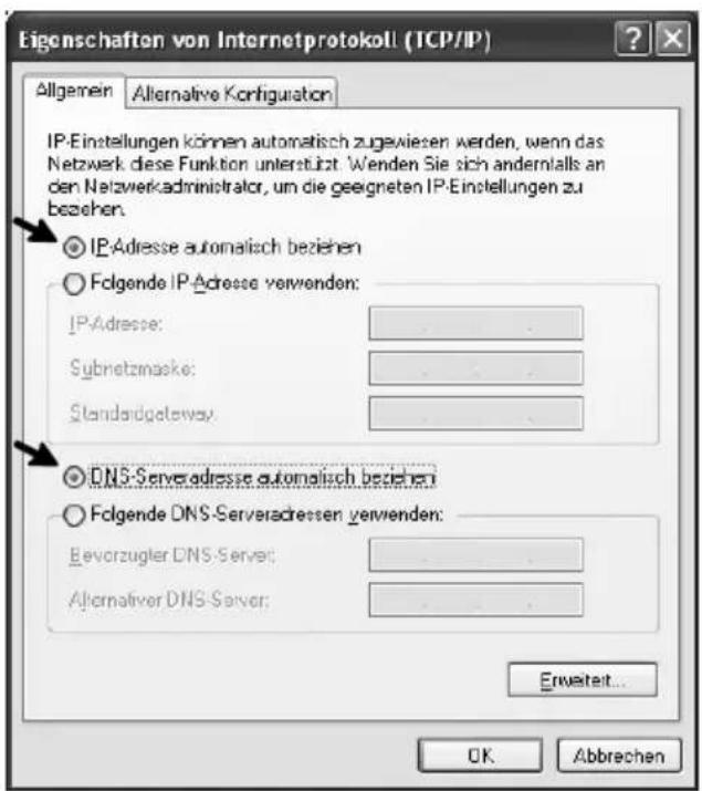 Eigenschaften von Internetprotokoll (TCP/IP) Allgemein Alternative Konfiguration IP-Einstellungen können automatisch zugewiesen werden, wenn das Netzwerk diese Funktion unterstützt. Wenden Sie sich andermittals an den Netzwerkadministrator, um die geeigneten IP-Einstellungen zu beziehen. IP-Adresse automatisch beziehen Folgende IP-Adresse verwenden: IP-Adresse: Subnetzmaske: Standardgateway: DNS-Serveradresse automatisch beziehen Folgende DNS-Serveradressen verwenden: Bevorzugler DNS-Server: Alternative DNS-Server: Erwerteit... OK Abbrechen