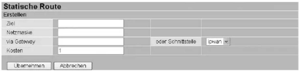 Statische Route Erstellen Ziel Netzmaske via Gateway Kosten 1 oder Schnittstelle ipwan Übernehmen Abbrechen